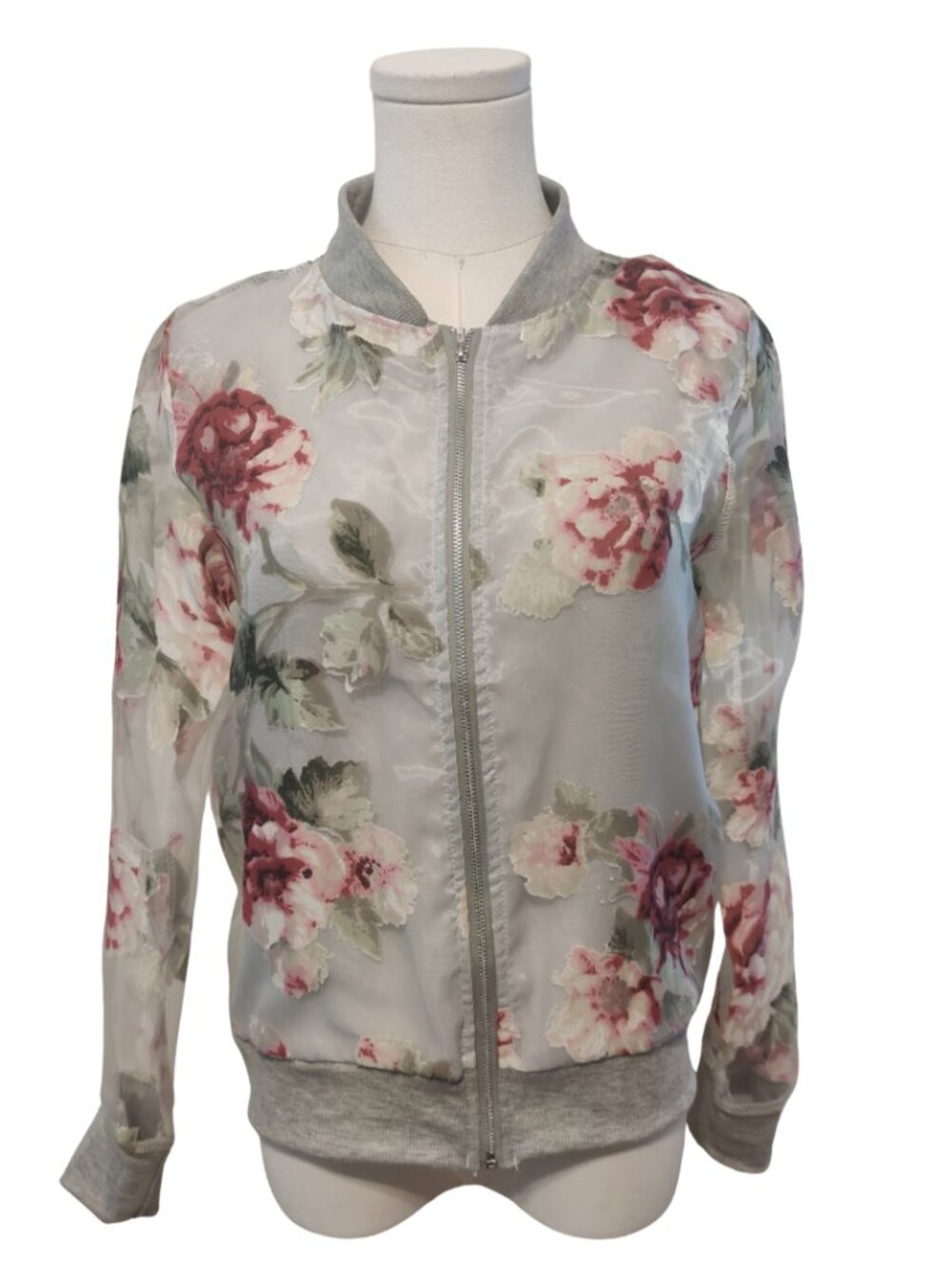 Sheer Sleeve Floral Bomber